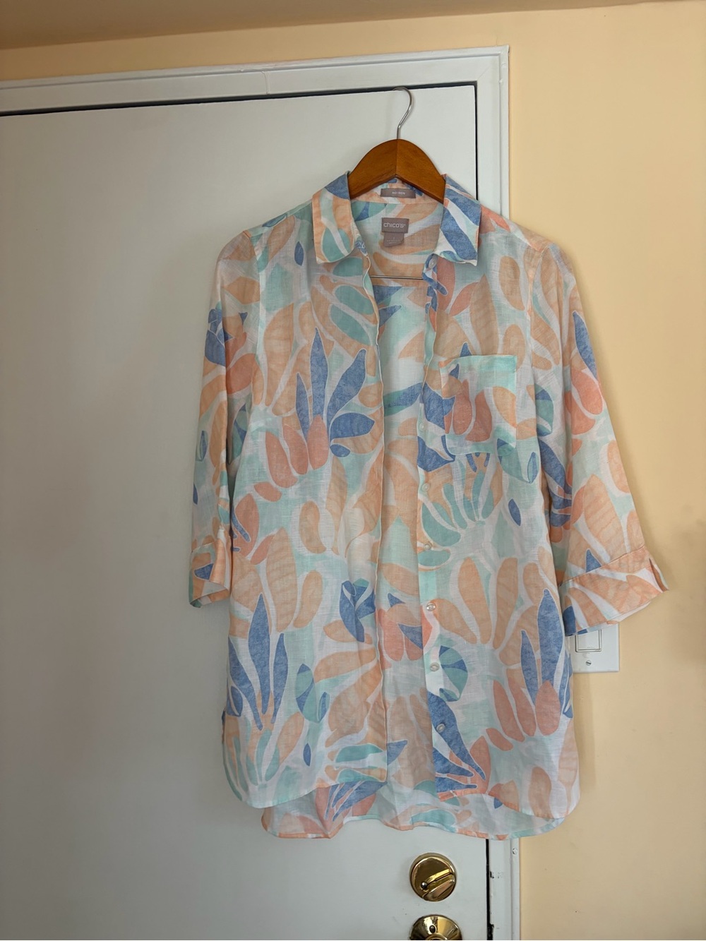 Chico's Pastel Leaf Print Button-Down Shirt - Peach & Blue